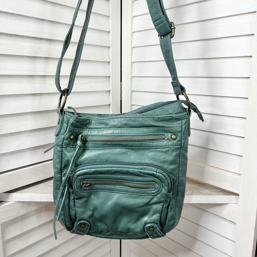 Scarleton Teal Crossbody‎ Faux Leather Purse Zip Pockets Adjustable Strap *Flaws